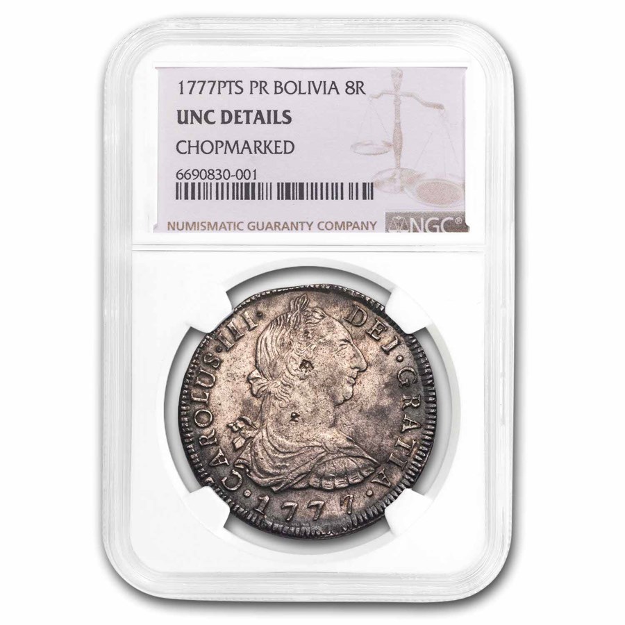 1777-PTS PR Bolivia Silver 8 Reales Unc-Details NGC (Chopmarked)