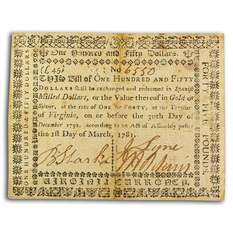 Buy 1781 $150 Virginia Currency 3/1/1781 VF | APMEX