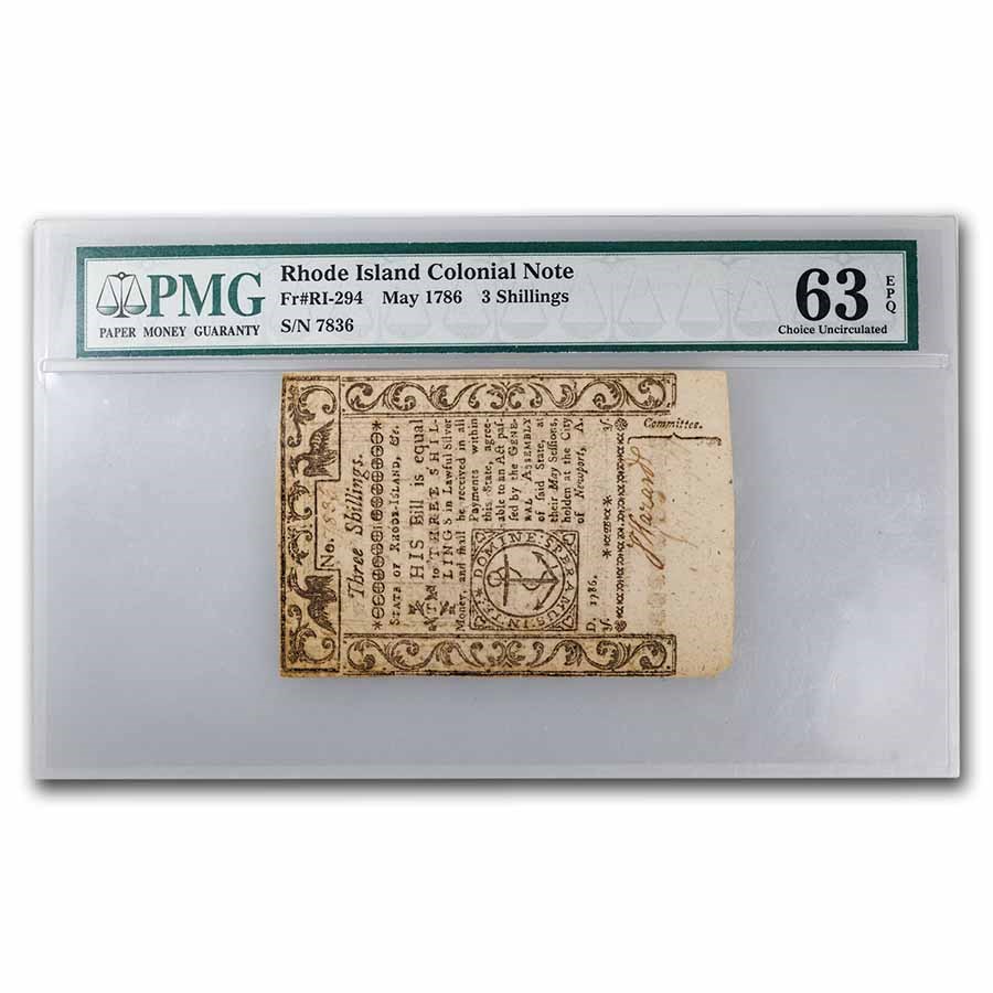 1786 3 Shillings Rhode Island May 1786 CU-63 EPQ PMG (Fr#RI-294)