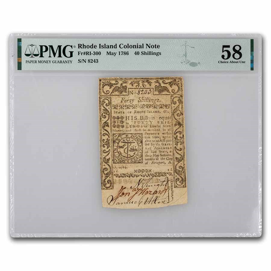 1786 40 Shillings Rhode Island May 1786 CH AU-58 PMG (Fr#RI-300)