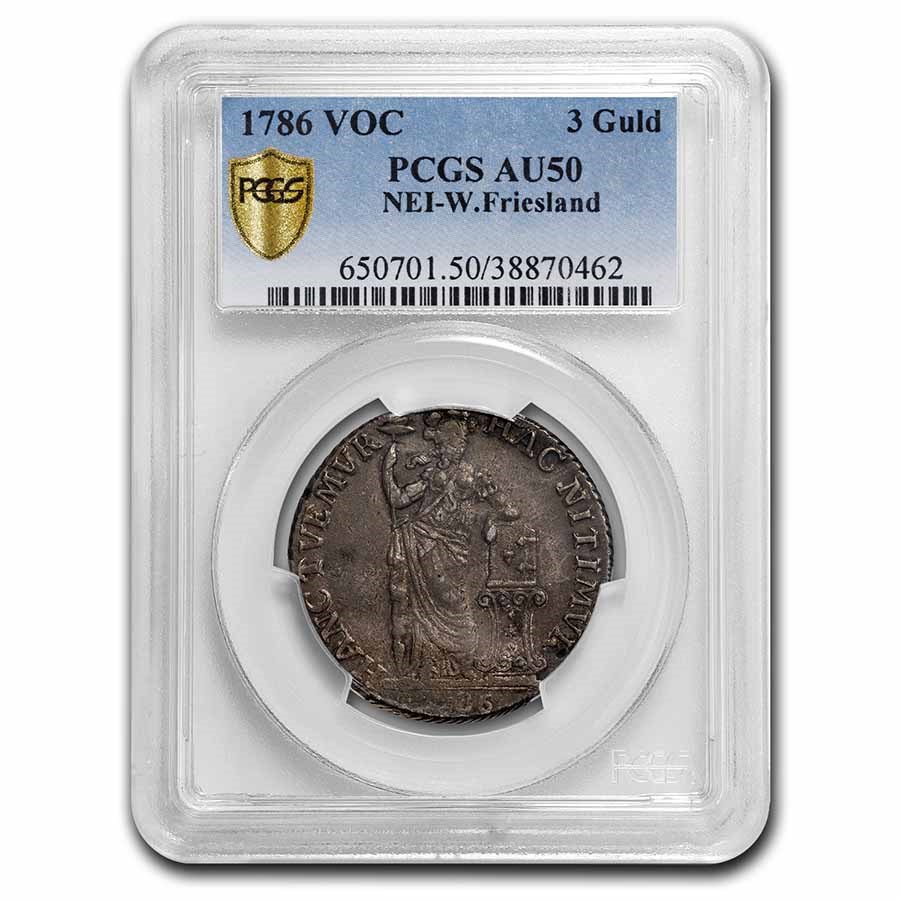 1786 East India Company VOC Silver 3 Gulden AU-50 PCGS