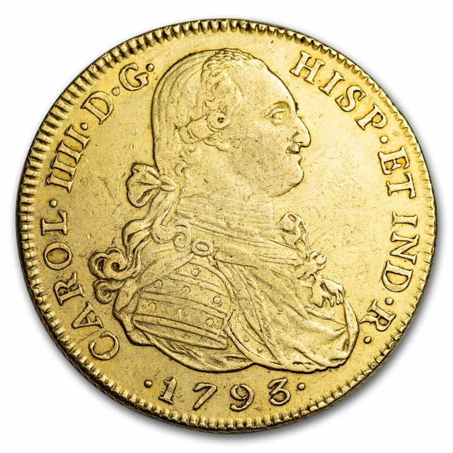 1793-NR JJ Colombia Gold 8 Escudos Charles IV XF