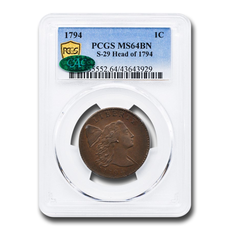 1794 Flowing Hair Large Cent MS-64 PCGS CAC (BN, S-29 Head of 94)