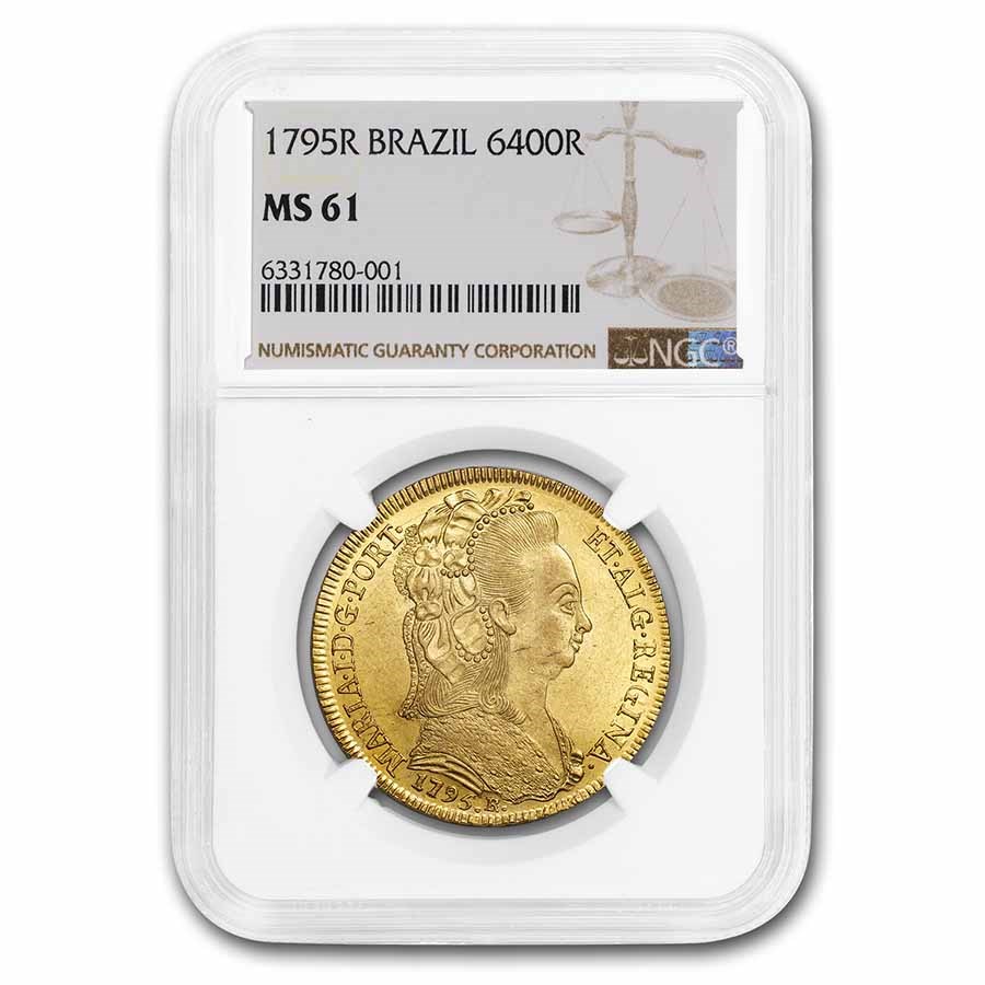 1795-R Brazil Gold 6400 Reis Maria I MS-61 NGC