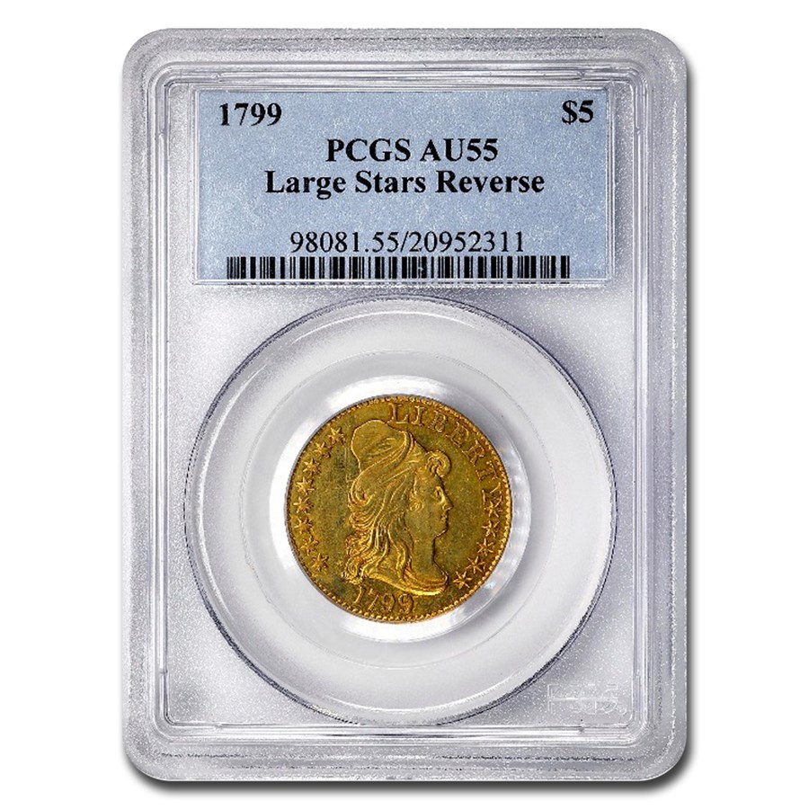 1799 $5 Capped Bust Gold Half Eagle AU-55 PCGS (Large Stars Rev.)