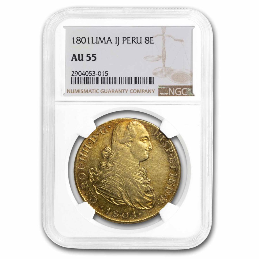 1801-LIMA IJ Peru Gold 8 Escudos Charles IV AU-55 NGC