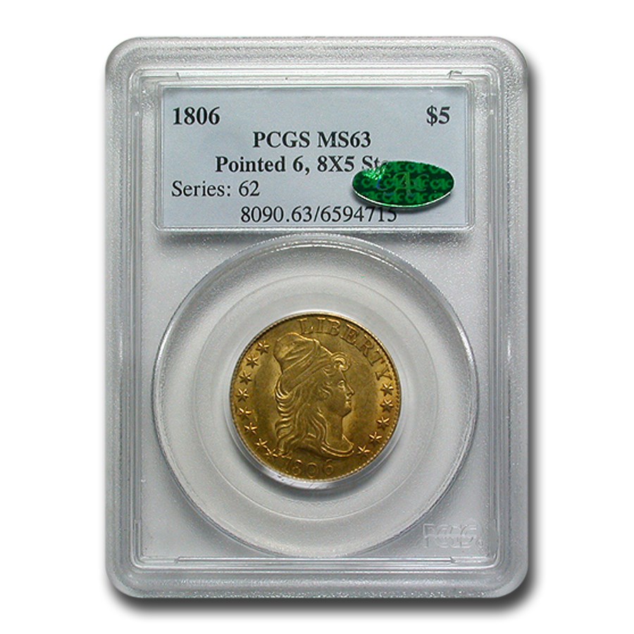 1806 $5 Capped Bust Gold Half Eagle MS-63 PCGS CAC (Point 6, 8x5)