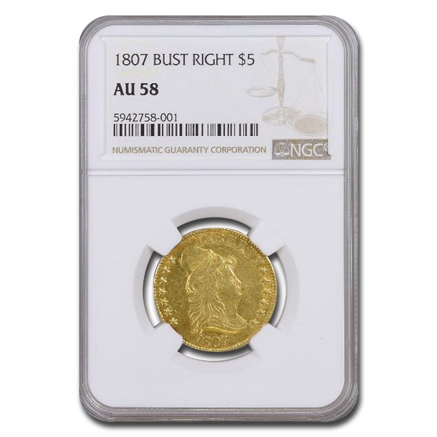 1807 $5 Capped Bust Gold Half Eagle AU-58 NGC (Bust Right)