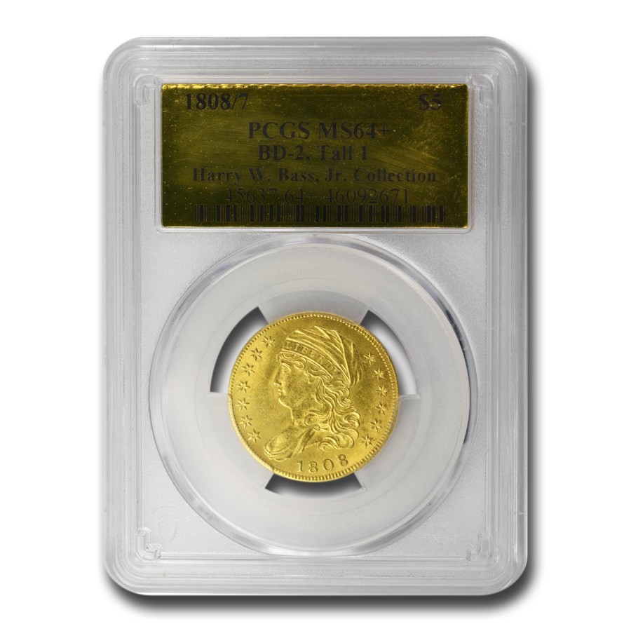 1808/7 $5 Capped Bust Gold Half Eagle MS-64+ PCGS (BD-2, Tall 1)