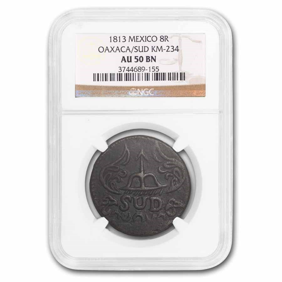 1813 Mexico Oaxaca Copper 8 Reales AU-50 NGC (Brown)