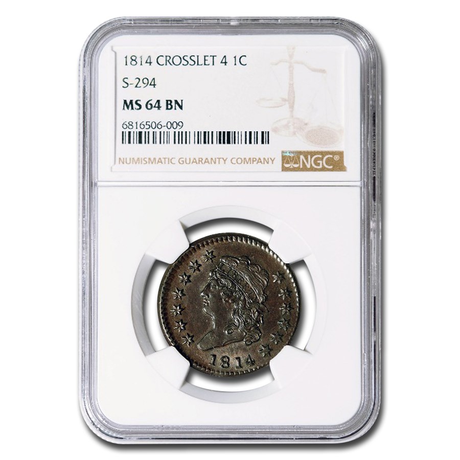 1814 Large Cent MS-64 NGC (Brown, Crosslet 4, S-294)