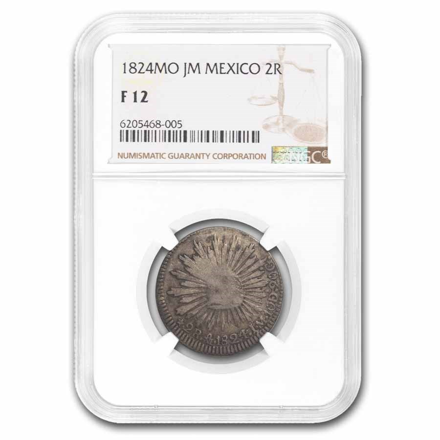 1824-Mo JM Mexico Silver 2 Reales F-12 NGC (Hookneck)