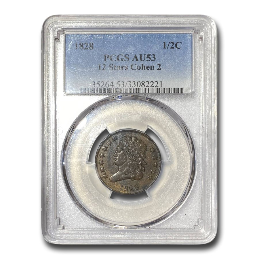 Buy 1828 Half Cent AU-53 PCGS (Brown, 12 Stars) | APMEX