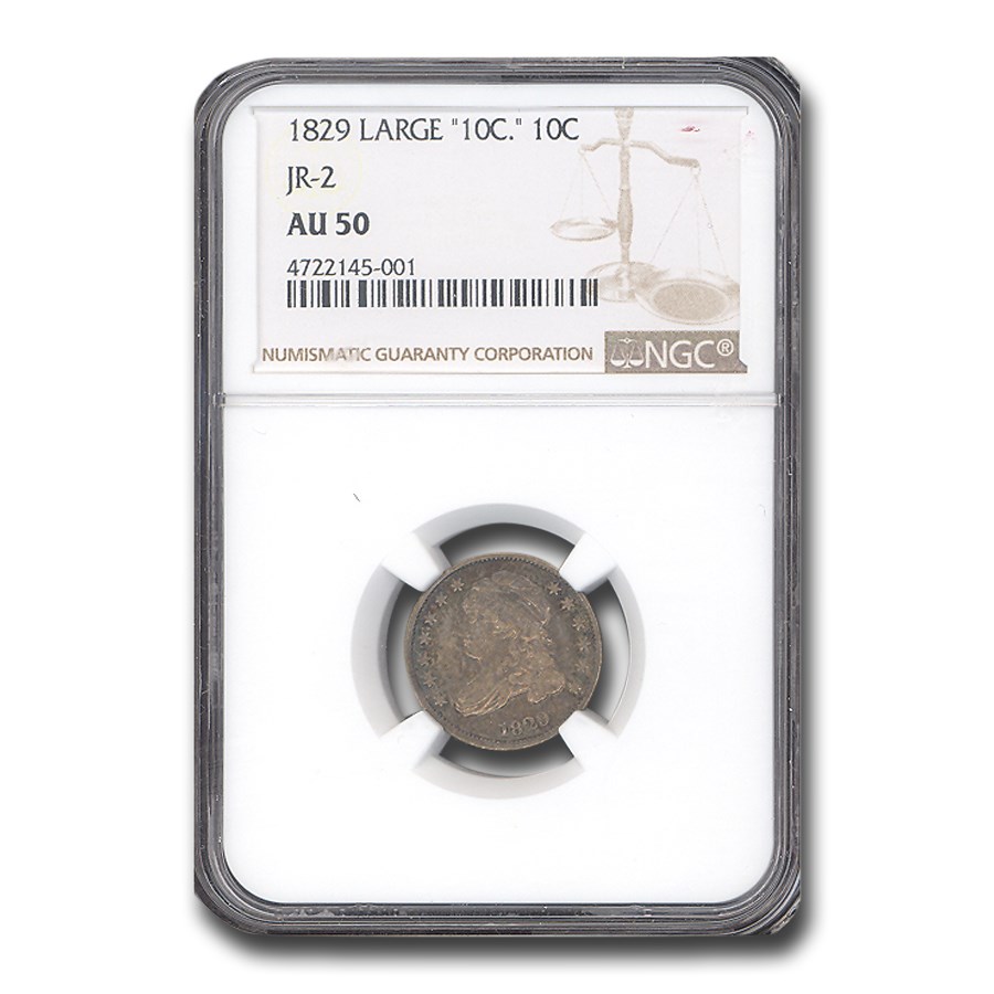 1829 Capped Bust Dime AU-50 NGC (Large 10c, JR-2)