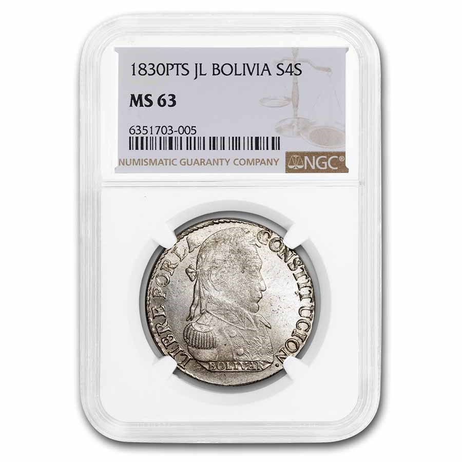 1830-PTS FJ Bolivia Silver 4 Soles Bolivar MS-63 NGC