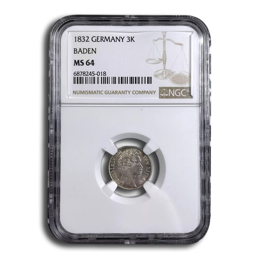 1832 Germany Silver 3 Kreuzer MS-64 NGC (Baden)