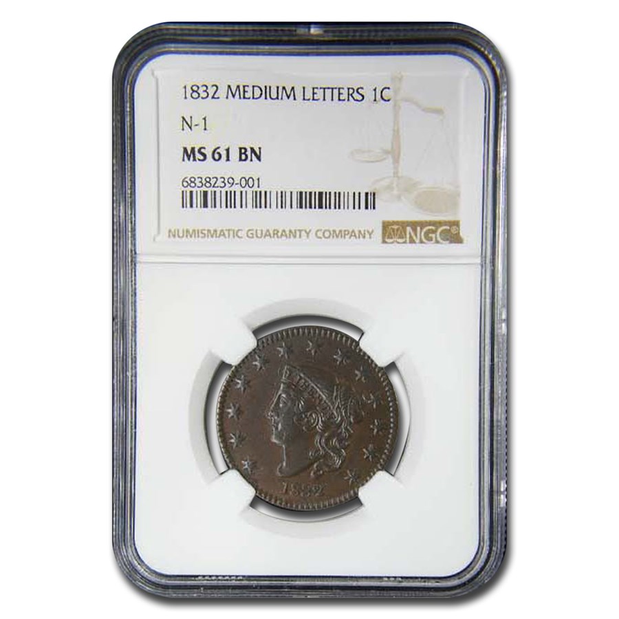 1832 Large Cent MS-61 NGC (Brown, Medium Letters, N-1)