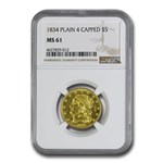 1834 $5 Gold Capped Head Half Eagle MS-61 NGC (Plain 4)