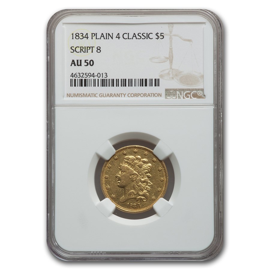 Buy 1834 $5 Gold Classic Head Half Eagle AU-50 NGC (Plain 4 Script 8 ...