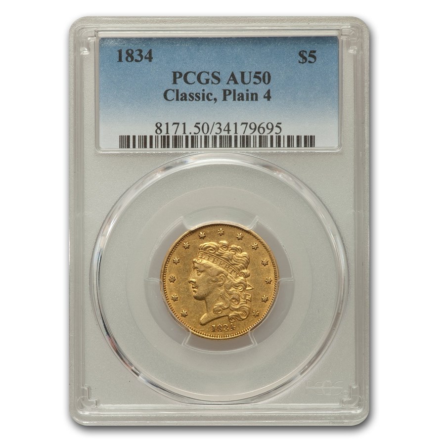 Buy 1834 $5 Gold Classic Head Half Eagle AU-50 PCGS (Plain 4) | APMEX