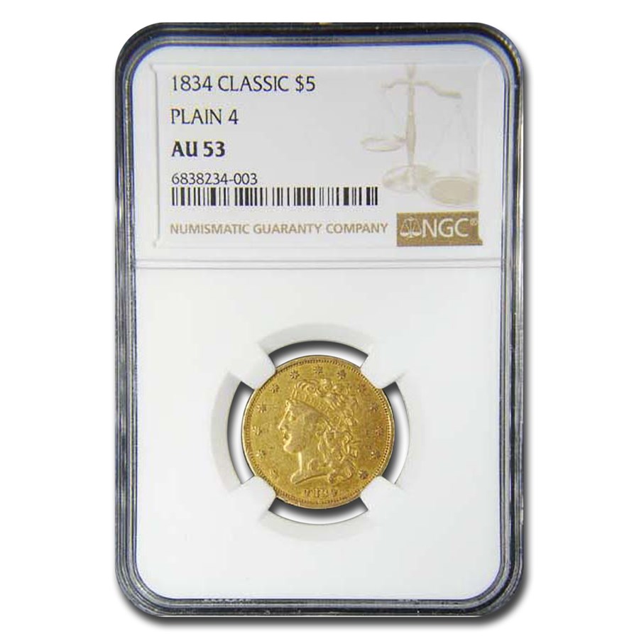 1834 $5 Gold Classic Head Half Eagle AU-53 NGC (Plain 4)