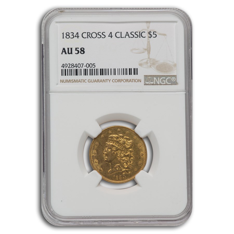 1834- $5 Gold Classic Head Half Eagle AU-58 NGC (Cross 4)