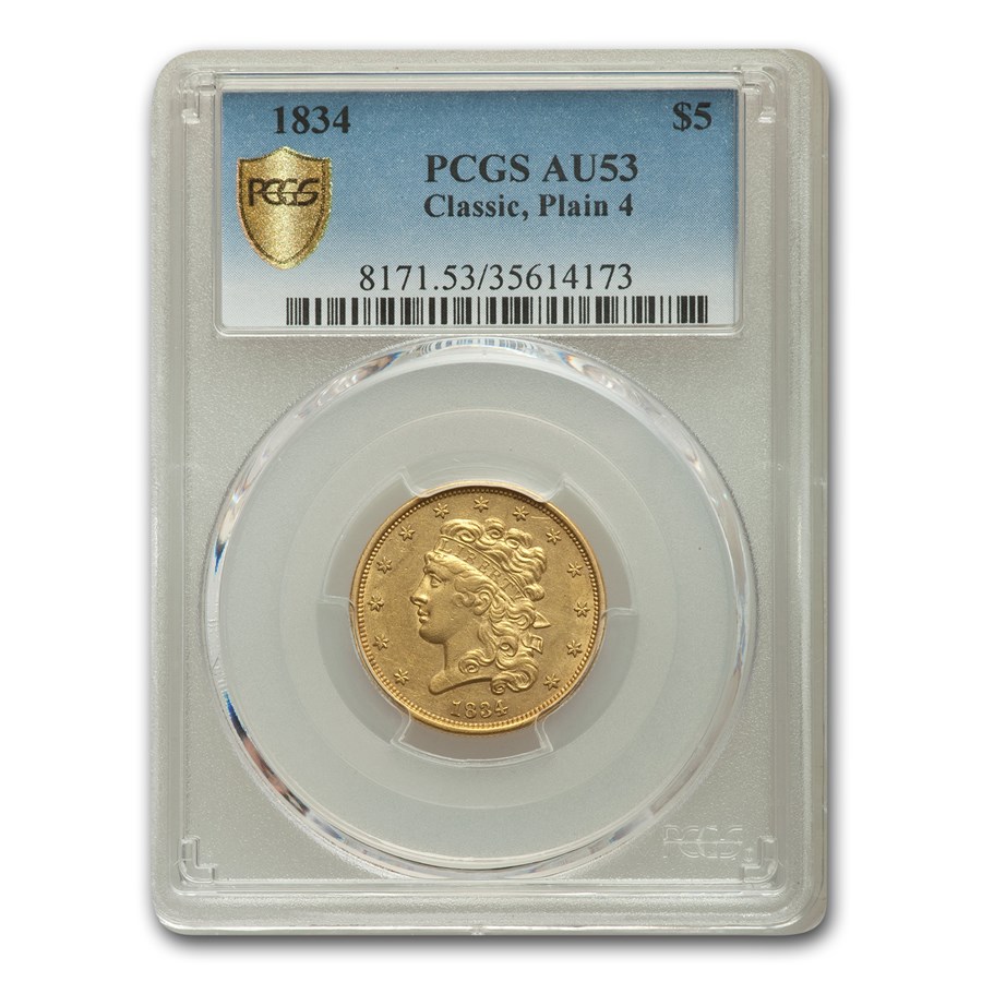 1834 $5 Gold Classic Head Half Eagle Plain 4 AU-53 PCGS