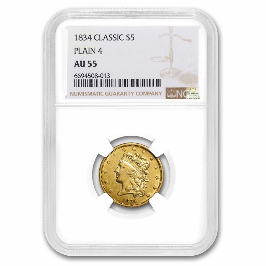 1834 $5 Gold Classic Head Half Eagle Plain 4 AU-55 NGC