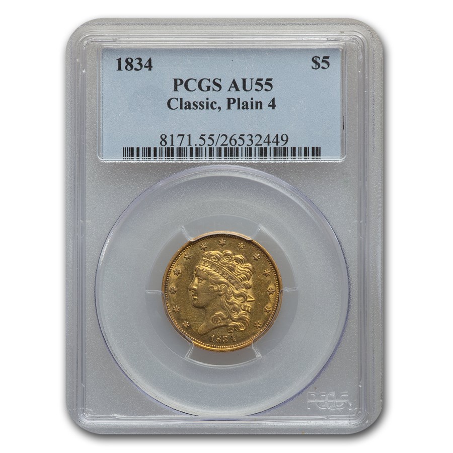 1834 $5 Gold Classic Head Half Eagle Plain 4 AU-55 PCGS