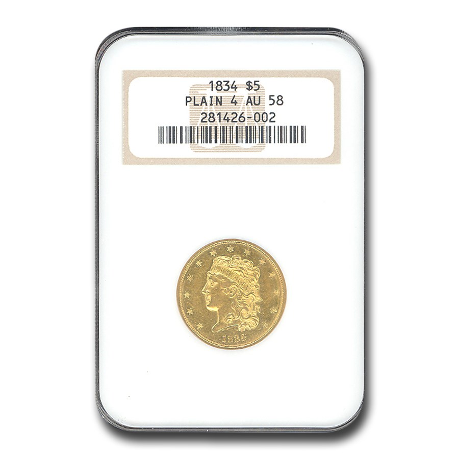 1834 $5 Gold Classic Head Half Eagle Plain 4 AU-58 NGC