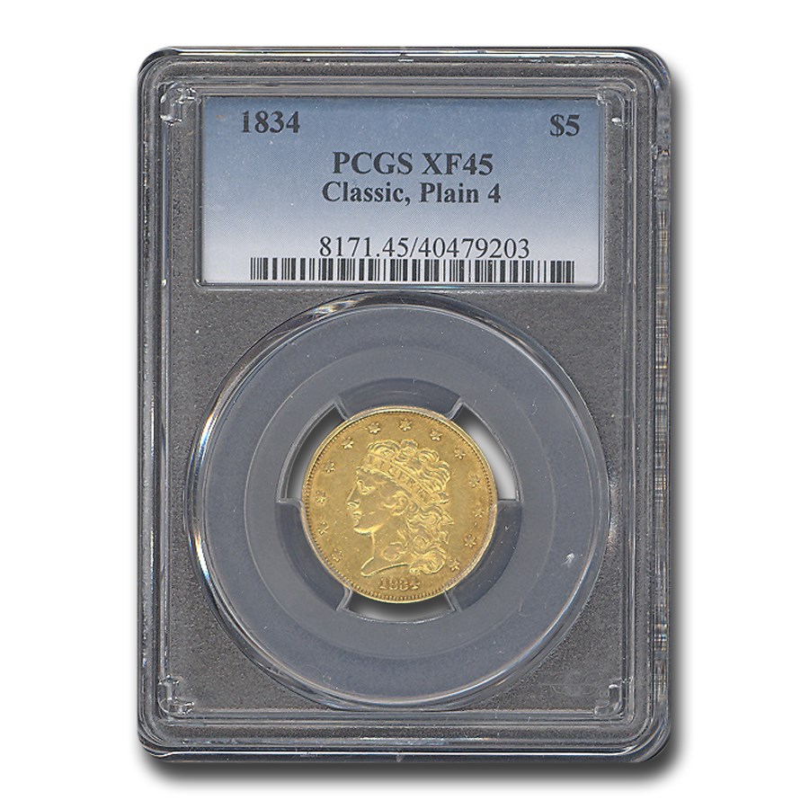 1834 $5 Gold Classic Head Half Eagle Plain 4 XF-45 PCGS
