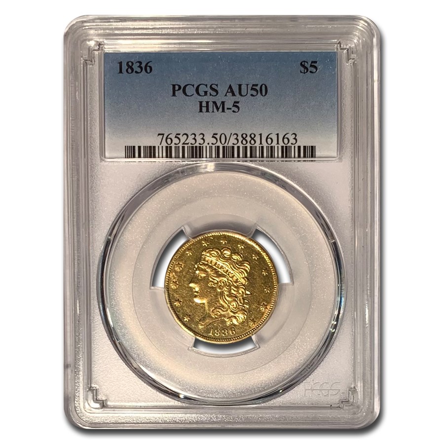 1836 $5.00 Gold Classic Head Half Eagle AU-50 PCGS (HM-6)