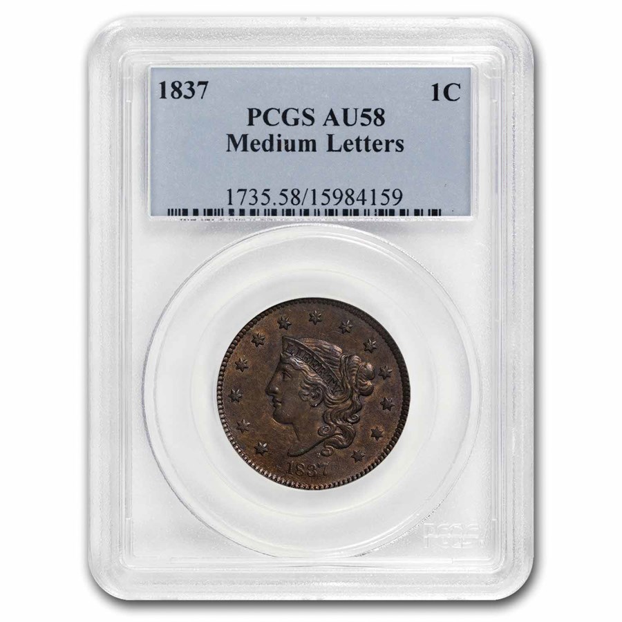 1837 Large Cent Medium Letters AU-58 PCGS