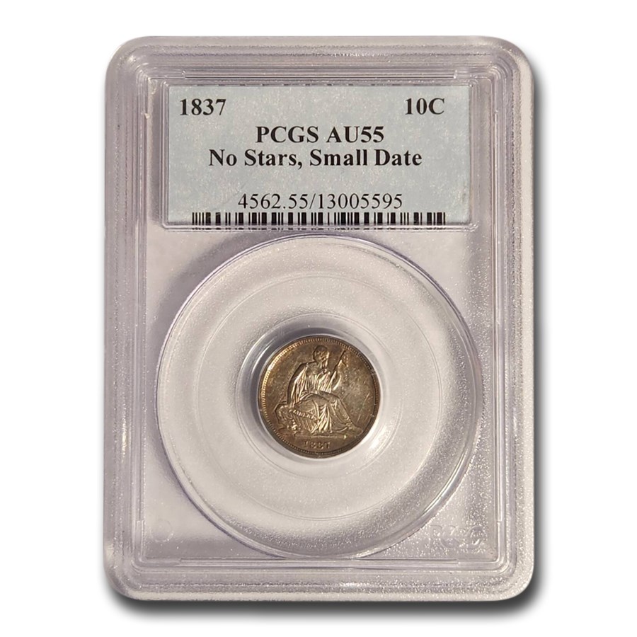 1837 Liberty Seated Dime AU-55 PCGS (No Stars, Small Date)