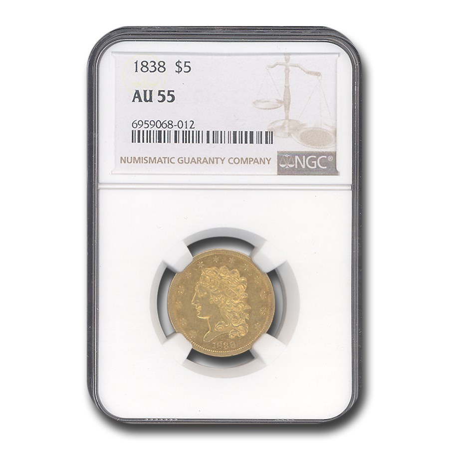 1838 $5 Gold Classic Head Half Eagle AU-55 NGC