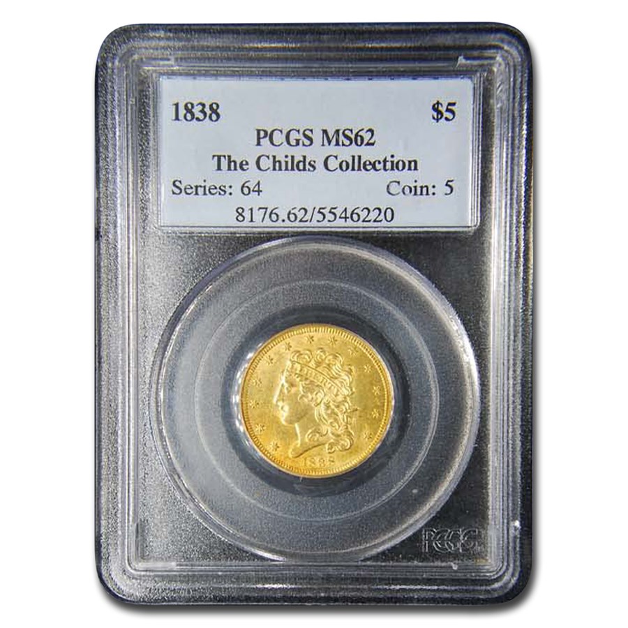 1838 $5 Gold Classic Head Half Eagle MS-62 PCGS