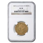 1839 $10 Liberty Gold Eagle AU-58 NGC (Lg Let, Head of 38)