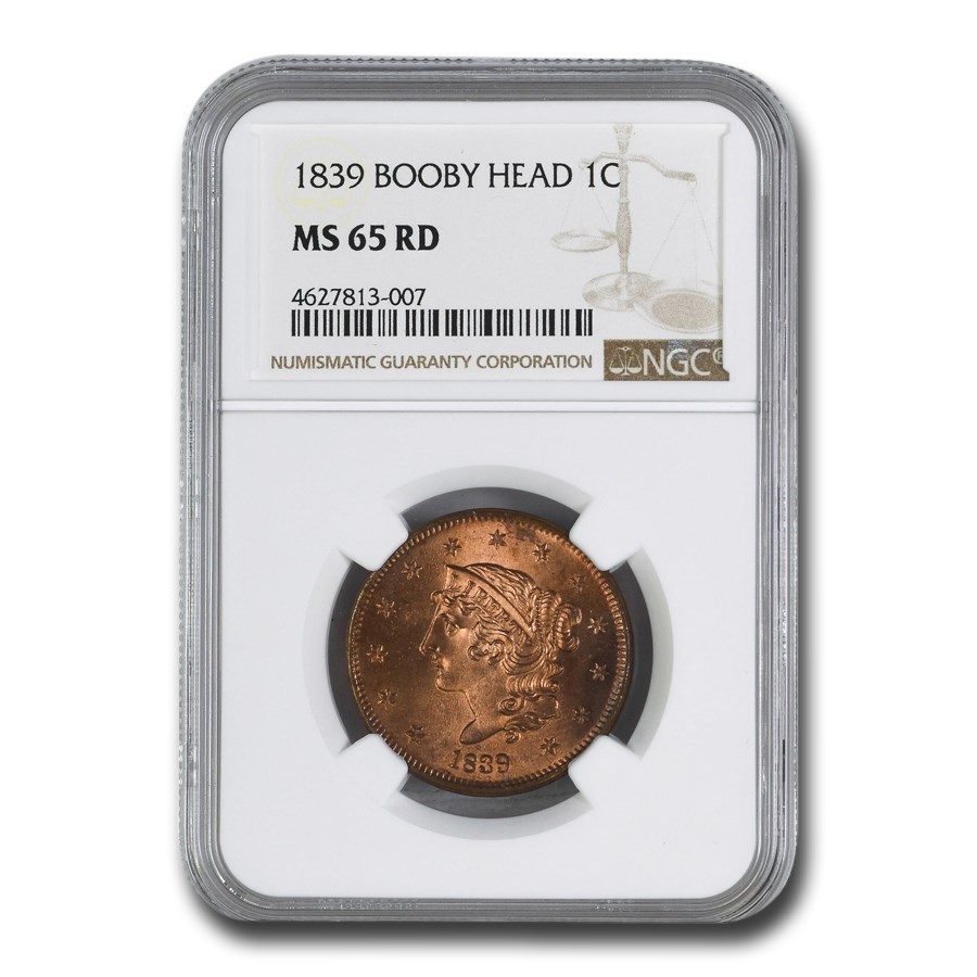 1839 Large Cent MS-65 NGC (Red, Booby Head)