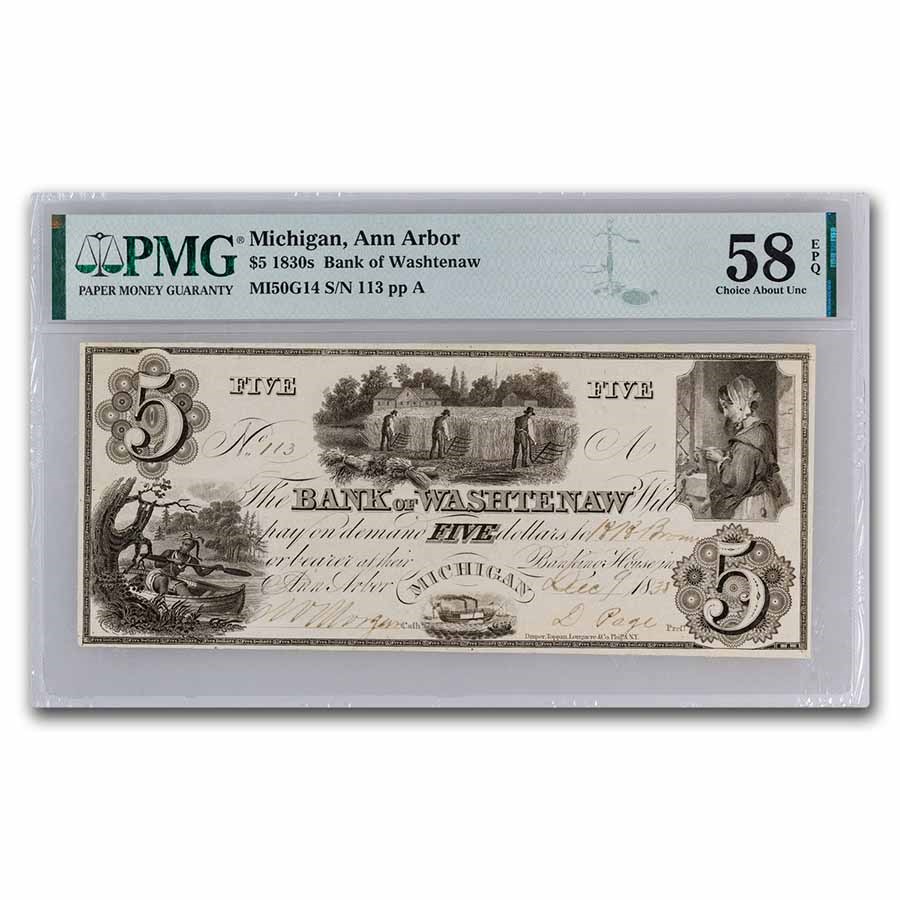 Buy 183s $5 Bank of Washtenaw, Ann Arbor MI - AU-58 EPQ PMG (MI50) | APMEX