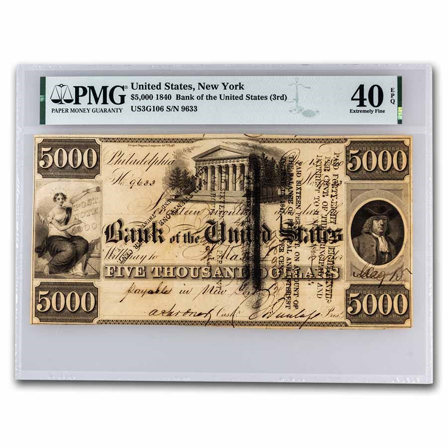 1840 5 000 Bank Of U S New York Xf 40 Epq Pmg Haxby G 106