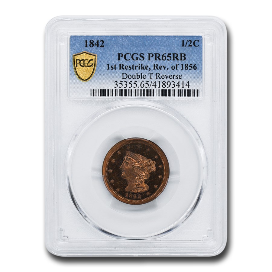 1842 Half Cent PR-65 PCGS (Red/Brown, Restrike, Rev of 1856)