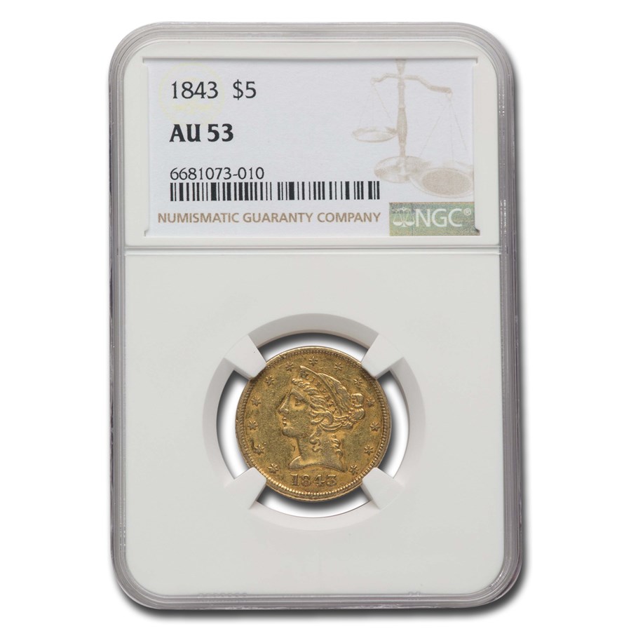 1843 $5 Liberty Gold Half Eagle AU-53 NGC