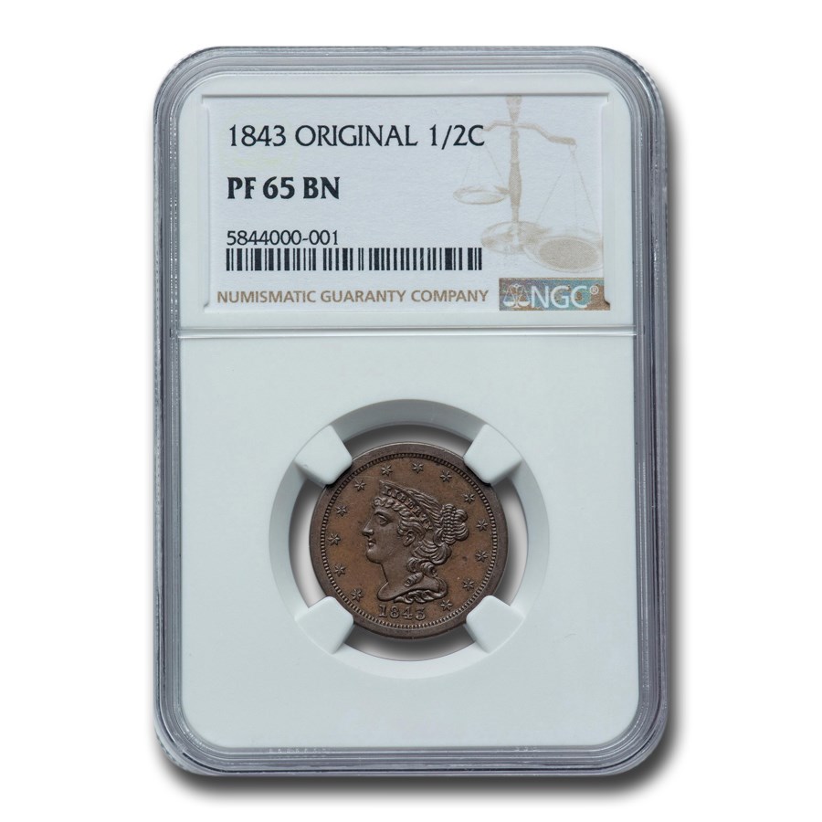 1843 Half Cent PF-65 NGC (Brown, Original)