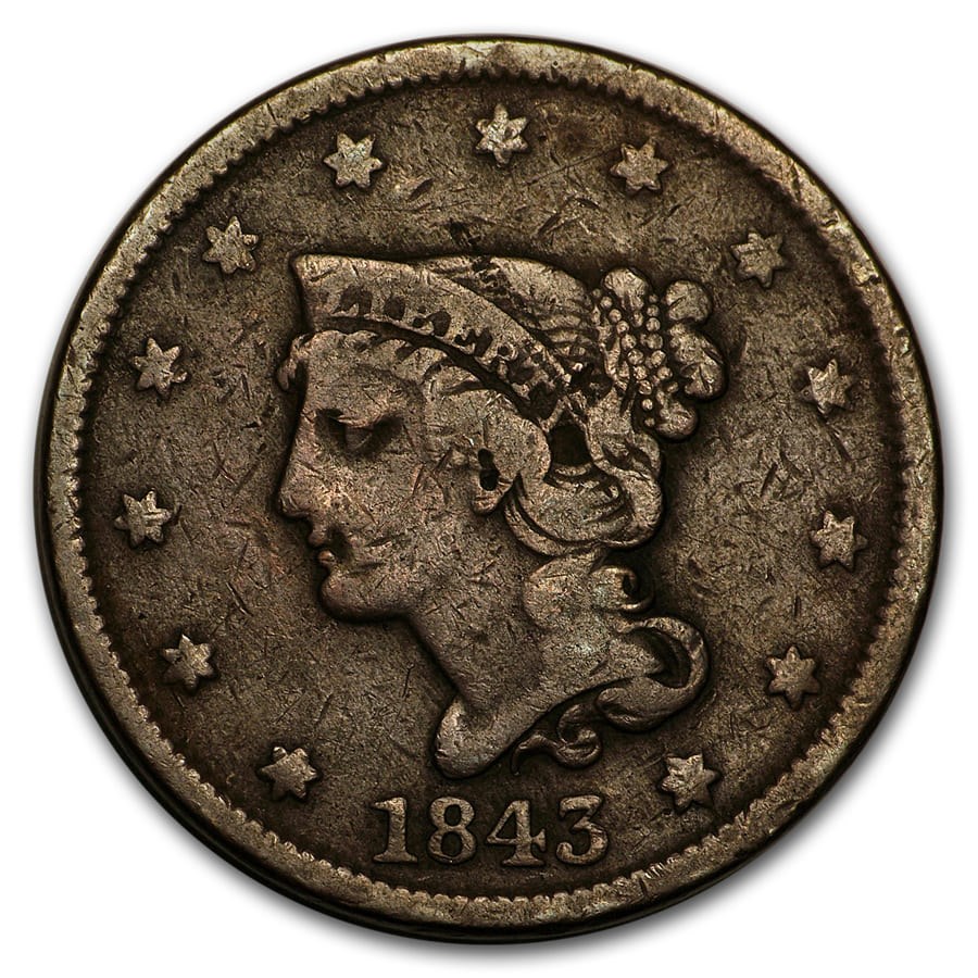 1843 Large Cent Petite Head, Sm Letters Fine