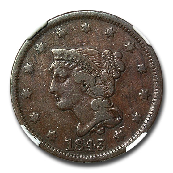 1843 Large Cent VF-25 NGC (Brown)