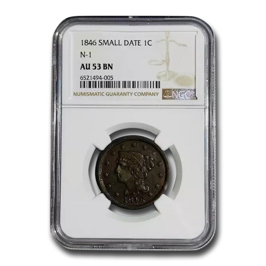 1846 Large Cent AU-53 NGC (Brown, Sm Date, N-1)