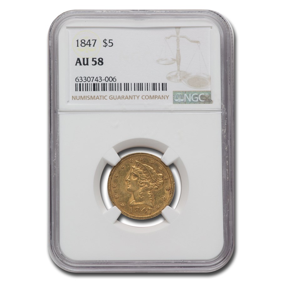 1847 $5 Liberty Gold Half Eagle AU-58 NGC