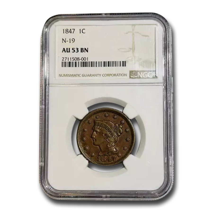 1847 Large Cent AU-53 NGC (Brown, N-19)