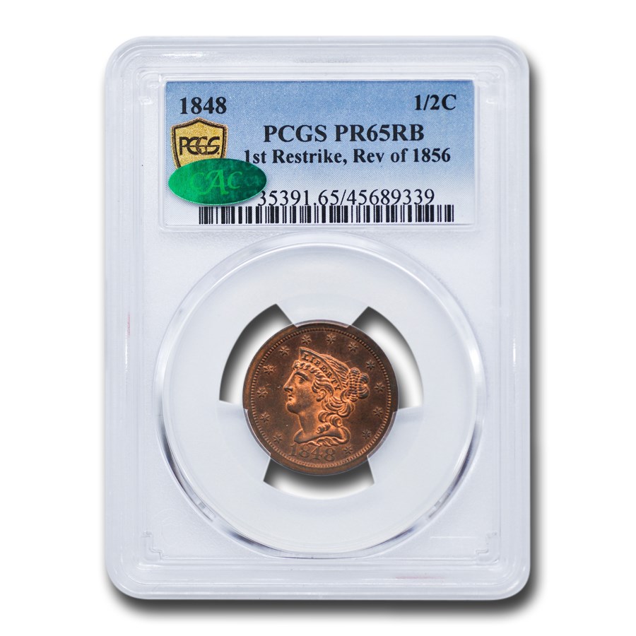 1848 Half Cent PR-65 PCGS CAC (RB, 1st Restrike Rev of 1856)