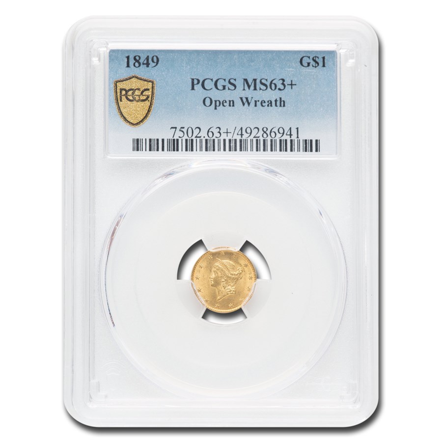 1849 $1 Liberty Head Gold MS-63+ PCGS (Open Wreath)